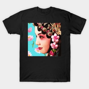 Chinese Opera Star with Lotus Flowers Blue - Hong Kong Retro T-Shirt